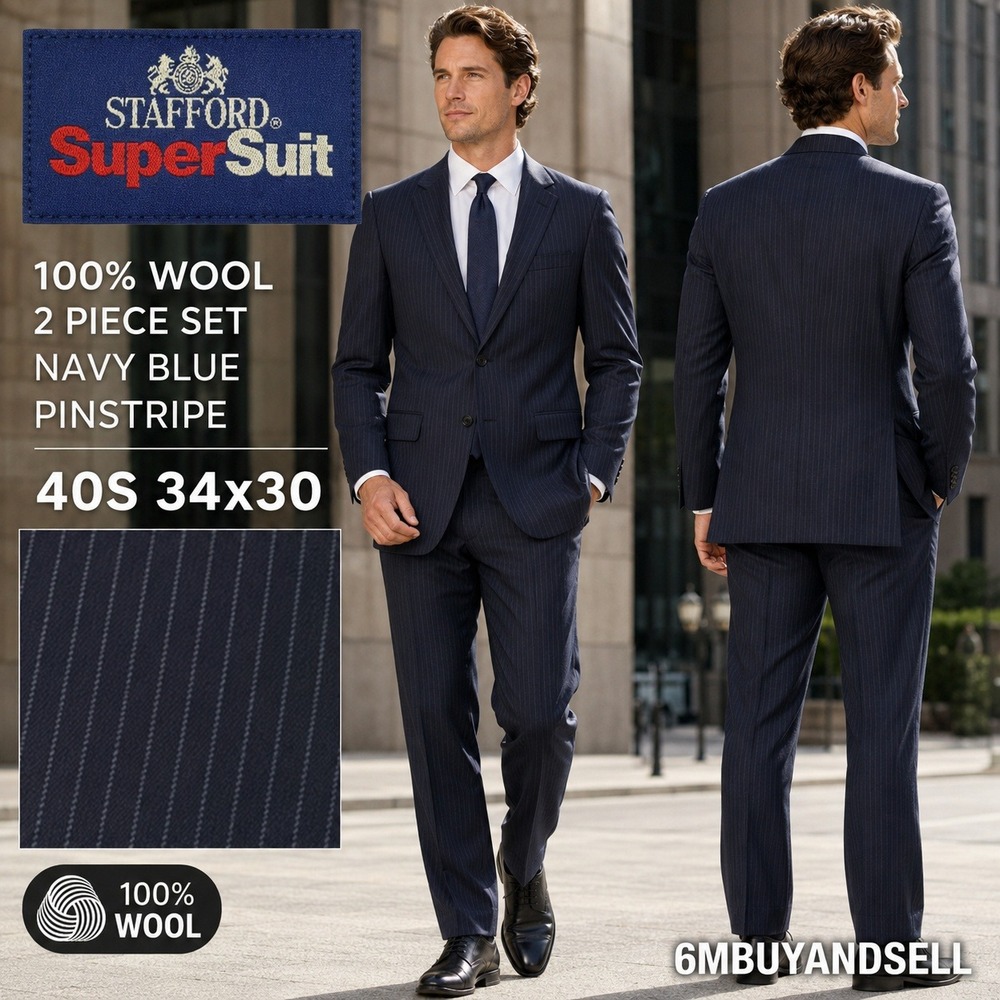 Stafford Super Suit Mens 40S 34x30 Navy Blue Pinstripe 100% Wool 2 Piece Set